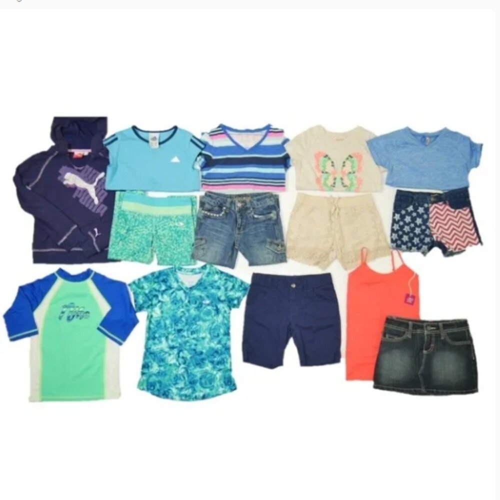 14 Pc Girls Sz 7-8 Lot School Play Outfits Shirts Shorts Skirt Hoodie Swim Top